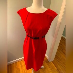 Calvin Klein red slim belted dress, size 12